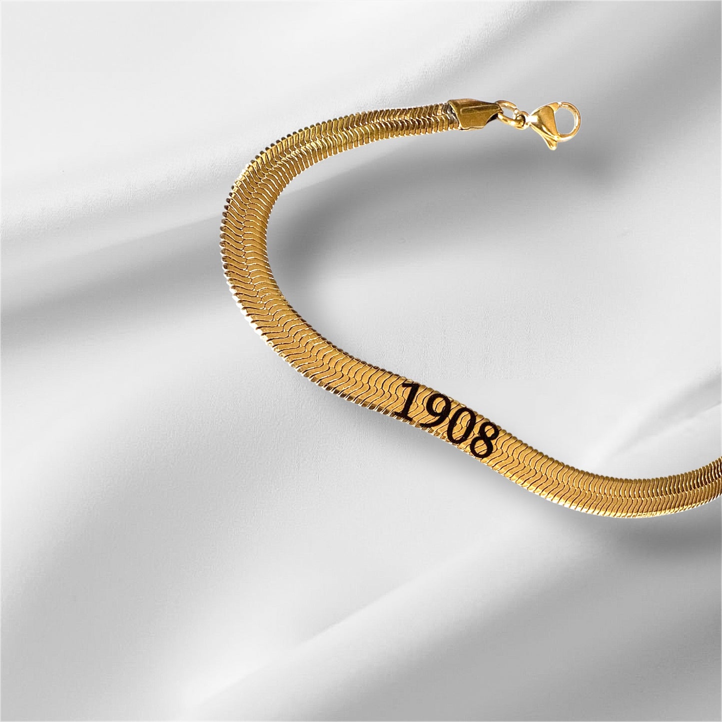 1908 Engraved Gold Stainless Steel Herringbone Bracelet – Elegant Stacking Jewelry AKA Gift