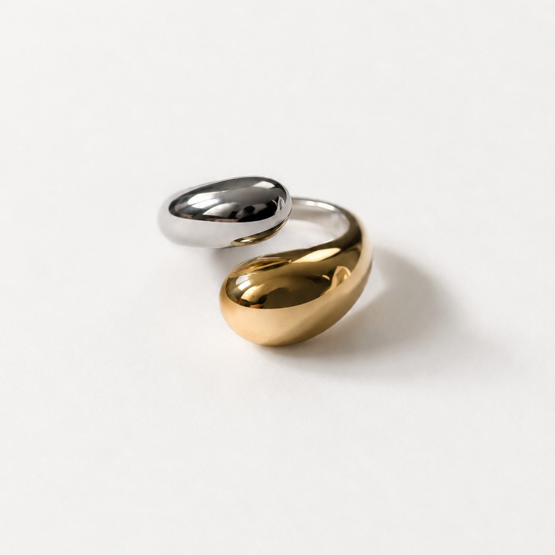 Two-Tone Sculptural Open Ring – Gold & Silver Waterproof Stainless Steel Statement Ring