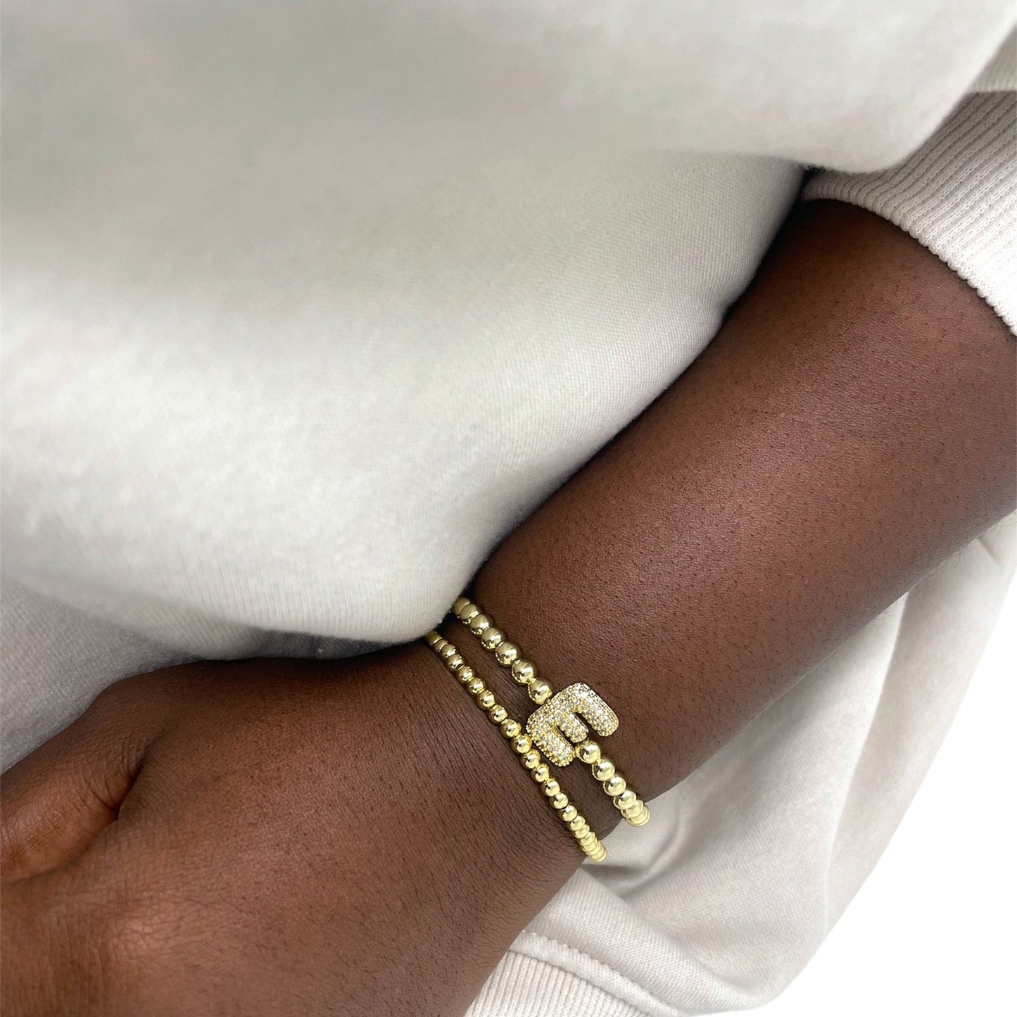 18K Gold Stretch Beaded Bracelet with Pave Bubble Letter – Perfect for Stacking & Gifting