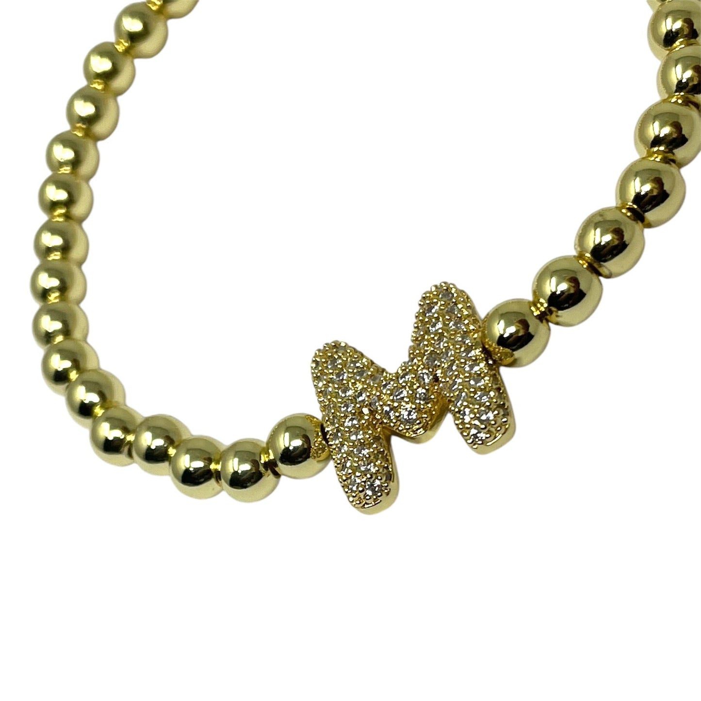 18K Gold Stretch Beaded Bracelet with Pave Bubble Letter – Perfect for Stacking & Gifting
