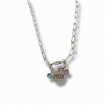 Stainless Steel Charm Necklace with Carabiner, Pink & Blue Charms, 1938 Engraved Charm, Paperclip Chain – Youth Leadership Inspired Jewelry