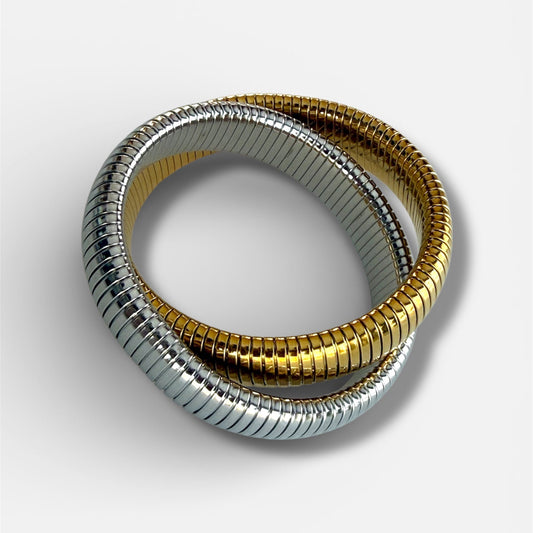 Interconnected Gold & Silver Stretch Bangle | Waterproof Stainless Steel Two-Tone Bracelet