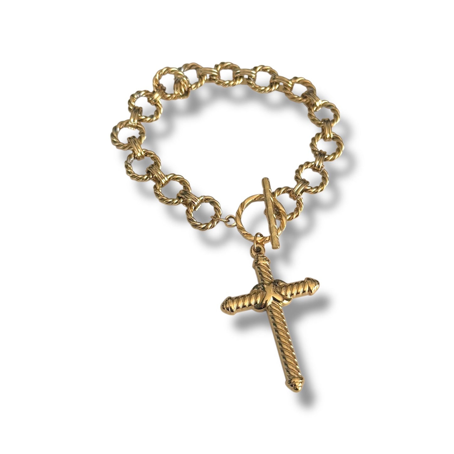 Gold Rope Chain Cross Statement Bracelet