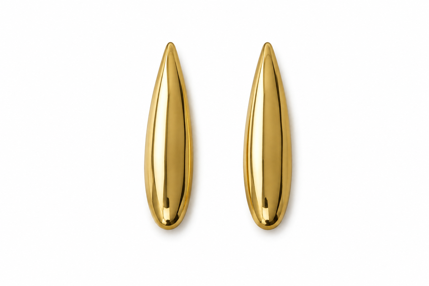 A pair of polished gold teardrop-shaped earrings on a clean white background.