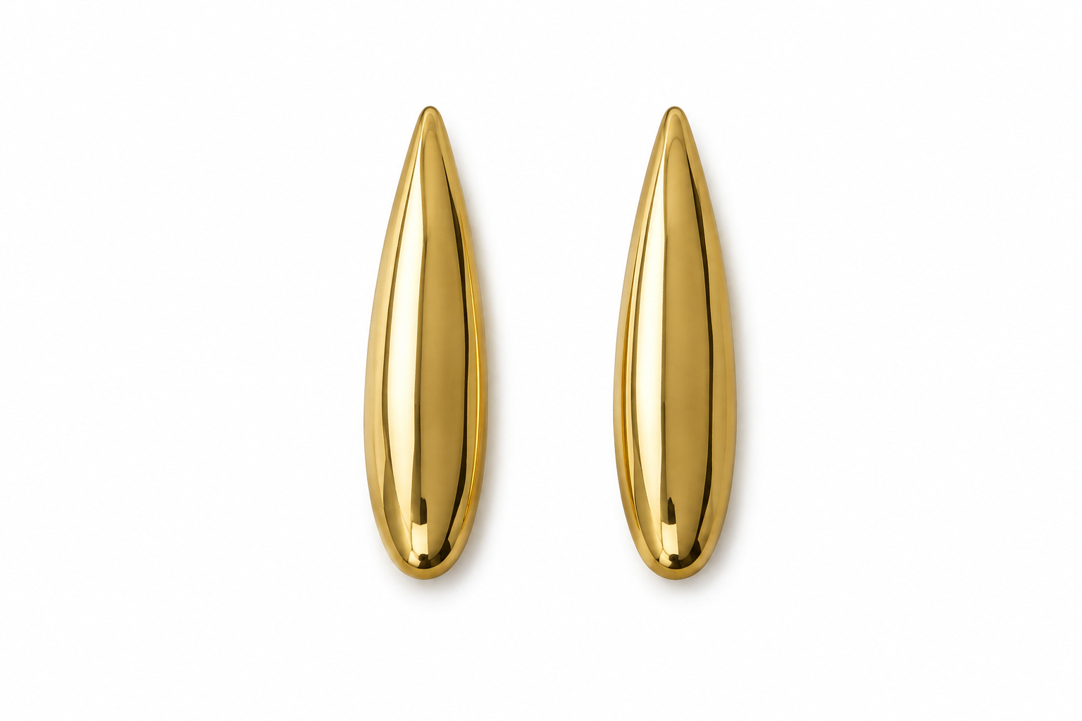 A pair of polished gold teardrop-shaped earrings on a clean white background.