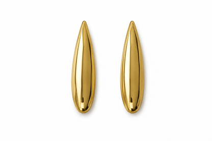 A pair of polished gold teardrop-shaped earrings on a clean white background.