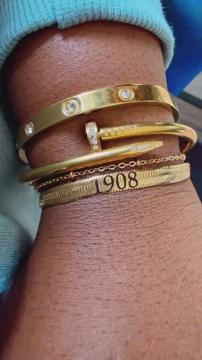 1908 Engraved Gold Stainless Steel Herringbone Bracelet – Elegant Stacking Jewelry AKA Gift